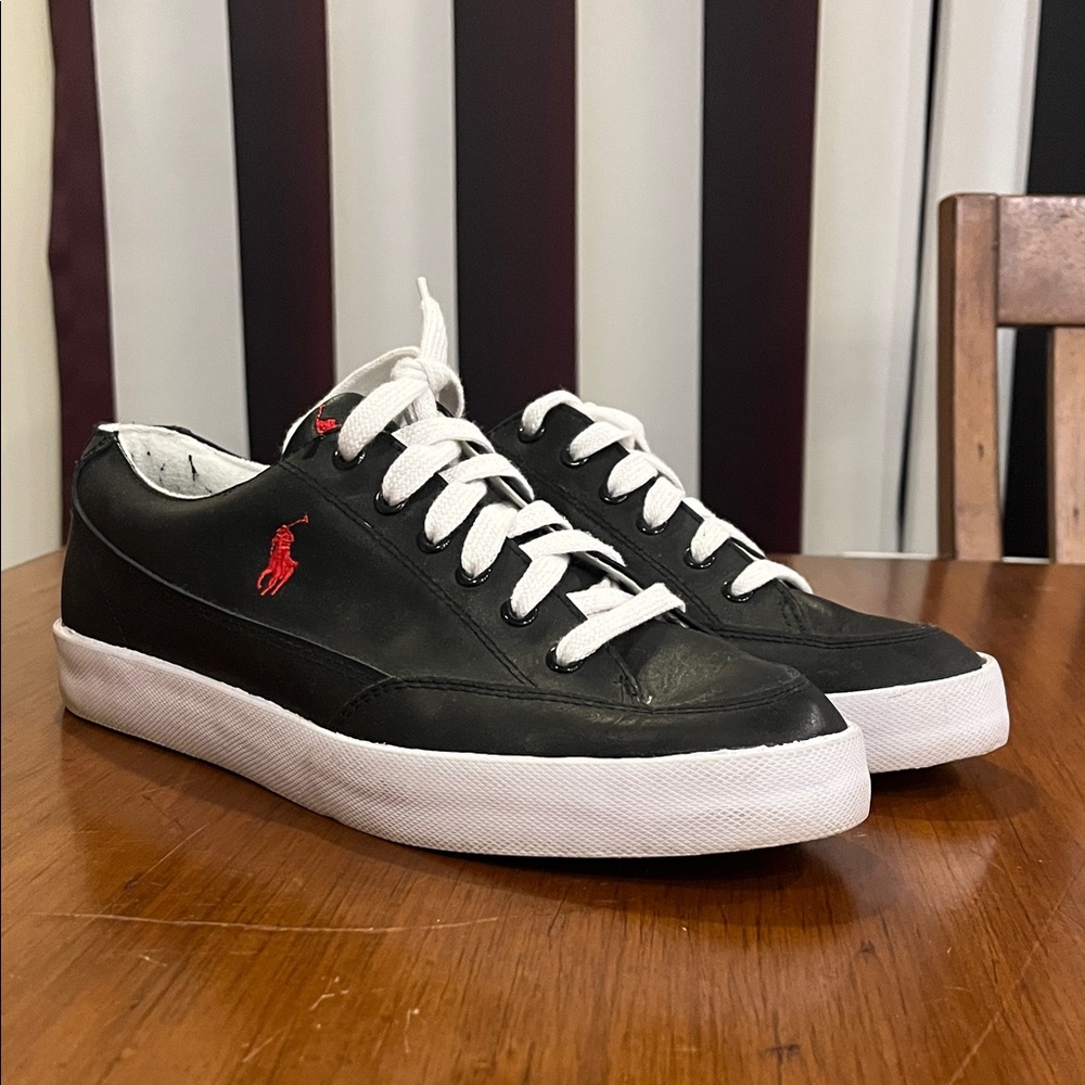 Polo Ralph Lauren Leather Boat Shoes Sneakers black red Mens Size 11.5